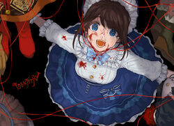  alternate_costume bad_id bad_pixiv_id black_background blood blood_on_clothes blood_on_face blue_dress blue_eyes brown_hair button_eyes buttons commentary_request copyright_name dress emma_woods emma_woods_(boudoir_dream) female highres identity_v kevin_ayuso looking_at_viewer looking_up official_alternate_costume open_mouth string totoji 