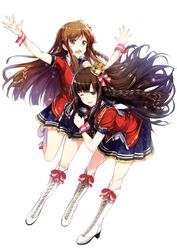  2girls :d ;d aqua_eyes black_eyes black_hair blush boots braid brown_hair commentary_request crown dress floating_hair full_body highres idolmaster idolmaster_million_live! idolmaster_million_live!_theater_days knee_boots kousaka_umi long_hair microphone mini_crown multiple_girls one_eye_closed open_mouth ro_risu shiny_trinity_(idolmaster) simple_background smile twin_braids ueda_reina very_long_hair voice_actor voice_actor_connection white_background white_footwear 