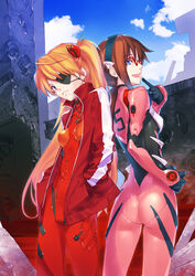  2girls aikura_chihiro back-to-back blue_eyes bodysuit brown_hair bullet_hole commentary_request evangelion:_3.0_you_can_(not)_redo eyepatch finger_to_mouth glasses hair_ornament hairband hands_in_pockets highres jacket long_hair makinami_mari_illustrious md5_mismatch multiple_girls neon_genesis_evangelion open_mouth orange_hair outdoors photoshop_(medium) pink_bodysuit plugsuit rebuild_of_evangelion red-framed_eyewear ruins souryuu_asuka_langley standing track_jacket 