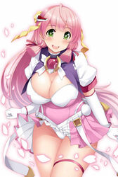  :d ahoge akashi_(kancolle) alternate_costume beat_angel_escalayer blunt_ends blush breasts cherry_blossoms cleavage commentary_request cosplay escalayer escalayer_(cosplay) female gloves gold_trim green_eyes hair_ribbon huge_ahoge kantai_collection kusano_(torisukerabasu) large_breasts long_hair looking_at_viewer magical_girl open_mouth panties petals pink_hair red_ribbon ribbon round_teeth short_sleeves smile solo teeth thighs tress_ribbon underwear very_long_hair white_background white_gloves white_panties 