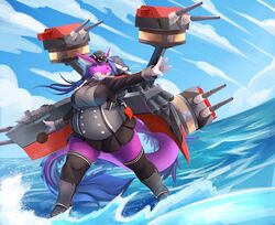  2016 anthro belly big_belly big_breasts blue_hair boat breasts canid canine clothing detailed detailed_background determined digital_media_(artwork) female fox frown fur hair hat headgear headwear kantai_collection long_hair mammal marine micky_(mickykitsune) ocaritna open_mouth outside overweight overweight_female pose purple_body purple_eyes purple_fur sea solo standing vehicle water watercraft 