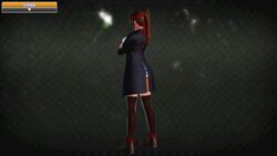  3d alternate_costume boots breakers breasts brown_eyes brown_hair female female from_behind full_body hand_on_hip headband honey_select jacket kneehighs large_breasts loose_socks open_mouth ponytail pose shorts solo thick_thighs thighs tia_langray wrist_wraps 