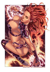  alien ass boots breasts cleavage dc_comics elizabeth_torque female female fiery_hair flying gradient_hair green_eyes hip_vent long_hair multicolored_hair no_pupils orange_skin red_hair solid_eyes solo starfire thigh_boots thighhighs vambraces 