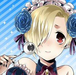  bad_id bad_pixiv_id bare_shoulders blonde_hair blush brown_eyes closed_mouth dress earrings eyeball female flower fork frills gothic_lolita hair_flower hair_ornament hair_over_one_eye hair_ribbon hairband hanafuda_yatsuwo idolmaster idolmaster_cinderella_girls jewelry lolita_fashion looking_at_viewer lowres nail_polish portrait ribbon shirasaka_koume short_hair smile solo 