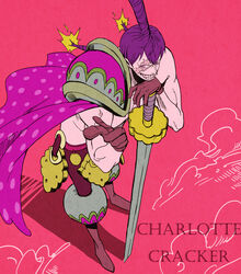  1boy absurdres boots cape character_name charlotte_cracker commentary gloves hair_bun highres living_(pixiv5031111) male_focus one_piece photoshop_(medium) pink_background purple_hair scar simple_background single_hair_bun solo sword teeth topless_male weapon 