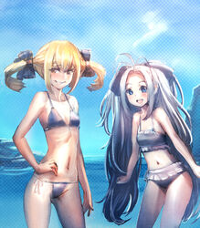  2girls :d airi_(robotics;notes) bare_shoulders bikini blonde_hair blue_eyes blush bow_(bhp) breasts brown_eyes clenched_hand collarbone commentary_request hair_ornament hair_ribbon hand_on_own_hip koujiro_frau multiple_girls navel open_mouth ribbon robotics;notes side-tie_bikini_bottom silver_hair small_breasts smile swimsuit twintails 