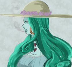  aqua_hair bad_id bad_pixiv_id charlotte_amande cigarette curly_hair earrings female flower hasumi_(fujimaru) hat heart highres jewelry long_hair one_piece portrait smoke solo 