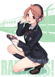  blazer bow brown_eyes brown_hair commentary_request digital_media_player female hand_on_headphones headphones jacket looking_at_viewer open_mouth photoshop_(medium) rail_wars! sasshou_mari school_uniform short_hair skirt solo squatting train vania600 