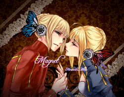  2girls ahoge artoria_pendragon_(fate) blonde_hair braid bug butterfly commentary_request dress face-to-face fate/apocrypha fate/stay_night fate_(series) french_braid green_eyes hair_bun hair_up half-closed_eyes headphones highres holding_hands imminent_kiss incest magnet_(vocaloid) mordred_(fate) mordred_(fate/stay_night) mother_and_daughter multiple_girls parody parted_lips photoshop_(medium) reverse_trap saber_(fate) short_hair silangwan single_hair_bun yuri 