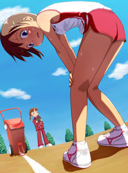  2girls :o armpits bare_legs bare_shoulders bent_over blue_eyes blush breasts brown_hair closed_mouth cloud commentary_request crossed_arms day dutch_angle from_side full_body grey_hair gym_shorts hair_ornament hairclip hands_on_own_knees holding jacket kneepits legs legs_together light_smile line_marker long_sleeves looking_at_viewer looking_back looking_to_the_side midriff_peek mizuno_(brand) multiple_girls new_balance open_mouth original outdoors painttool_sai_(medium) panties pants panty_peek parted_bangs red_jacket red_pants red_shorts running_track shade shaded_face shadow shoes short_hair short_shorts short_twintails shorts side_slit sky small_breasts smile sneakers socks standing sweat tank_top tomboo tomboy track_and_field track_jacket track_pants track_suit tree triple_vertical_stripe twintails underwear upshorts white_footwear white_panties 