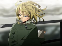  bad_id bad_pixiv_id blonde_hair blue_eyes coat coffee_mug cup female fur_collar hair_between_eyes mug riarashu short_hair smile solo tanya_degurechaff youjo_senki 