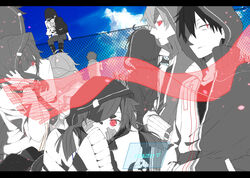  4girls 5boys ahoge alternate_costume back bad_id bad_pixiv_id blue_sky chain-link_fence commentary daze_(kagerou_project) ene_(kagerou_project) fence hands_in_pockets highres holographic_interface hood hoodie jacket kagerou_project kano_shuuya kido_tsubomi kisaragi_momo kisaragi_shintarou konoha_(kagerou_project) kozakura_marry letterboxed long_hair looking_at_viewer monochrome multiple_boys multiple_girls red_eyes rubill scarf seto_kousuke short_hair sitting sky sleeves_past_wrists smile track_jacket twintails 