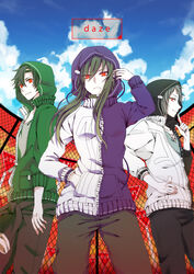  2boys alternate_costume bad_id bad_pixiv_id black_hair blue_sky chain-link_fence cloud commentary_request day daze_(kagerou_project) female fence frown green_hair hand_in_pocket hood hoodie jacket kagerou_project kano_shuuya kido_tsubomi long_hair looking_at_viewer multiple_boys red_eyes red_sky seto_kousuke shidomura short_hair sky smile track_jacket 