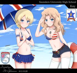  2girls aircraft_carrier american_flag american_flag_bikini american_flag_print arm_behind_back arm_garter australian_flag australian_flag_bikini australian_flag_print bare_shoulders belt bikini bikini_top_only bikini_under_clothes blonde_hair blue_eyes blue_skirt braid character_name cloud cloudy_sky collarbone commentary_request cowboy_shot cup darjeeling_(girls_und_panzer) day denim denim_shorts dog_tags emblem flag_print frown girls_und_panzer holding innertube kay_(girls_und_panzer) kouson&#039;en lightning_bolt_symbol logo long_hair looking_at_viewer microskirt military military_vehicle multiple_girls navel no_shirt ocean open_belt outdoors print_bikini print_umbrella salute saunders_(emblem) ship short_hair short_shorts shorts skirt sky smile st._gloriana&#039;s_(emblem) standing star_(symbol) stomach sweat swim_ring swimsuit teacup teapot thighhighs tied_hair twin_braids umbrella unbuttoned union_jack warship water watercraft white_legwear 