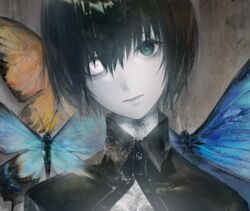  1boy aqua_butterfly bad_id bad_pixiv_id black_hair black_jacket blue_butterfly bug butterfly close-up green_eyes hair_between_eyes hair_over_one_eye head_tilt heterochromia jacket kodama_(wa-ka-me) looking_at_viewer male_focus orange_butterfly original parted_lips white_eyes 