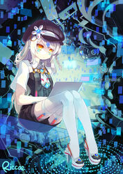  artist_name at_computer braid cabbie_hat code:_electra_(elsword) commentary_request computer elsword eve_(elsword) expressionless female garter_straps hat long_hair photoshop_(medium) riccae sitting solo tattoo thighhighs white_hair yellow_eyes 