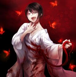  bad_id bad_neck bad_pixiv_id blood broken brown_hair bug butterfly crazy crazy_eyes fatal_frame fatal_frame_2 female ghost grey_eyes japanese_clothes kimono koko_(oyasuminasai) kurosawa_sae obi open_mouth sash short_hair solo string string_of_fate tears 