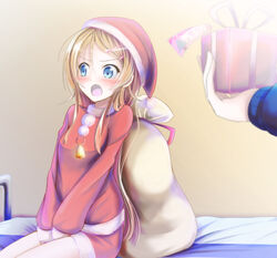  aoi_usagi_(marinebluerabbit) bed blonde_hair blue_eyes commentary_request female gift hat kousaka_kirino long_hair ore_no_imouto_ga_konna_ni_kawaii_wake_ga_nai photoshop_(medium) sack santa_costume santa_hat sitting straight 