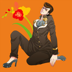  1boy anchor_ornament brown_eyes brown_hair buttons commentary_request diamond_wa_kudakenai floral_background flower full_body gakuran gladiolus grey_footwear head_tilt heart higashikata_josuke high_heels jojo_no_kimyou_na_bouken knee_up long_sleeves looking_at_viewer male_focus orange_background p-geist2 pants pompadour school_uniform shoes simple_background sitting solo 