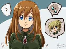  2girls ? bad_id bad_pixiv_id blonde_hair blue_eyes breasts brown_hair chibi chibi_inset hair_between_eyes hand_on_own_chin long_hair looking_at_viewer medium_breasts military military_uniform multiple_girls riarashu short_hair smile spoken_question_mark spoken_sweatdrop stroking_own_chin sweatdrop tanya_degurechaff translation_request uniform viktoriya_ivanovna_serebryakov youjo_senki 