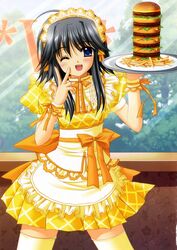  ;d absurdres ahoge apron back_bow blue_eyes blue_sky blush bow bowtie breasts burger contrapposto day dot_nose double-decker_hamburger_bun dress dress_bow eyelashes eyes_visible_through_hair female fingernails food french_fries frilled_apron frilled_shirt_collar frills grey_hair hair_between_eyes hands_up head_tilt headdress high_collar highres holding holding_tray indoors large_bow legs_apart long_hair looking_at_viewer mayumi_thyme megamac neck_ribbon nishimata_aoi official_art one_eye_closed open_mouth orange_bow orange_bowtie orange_ribbon puffy_short_sleeves puffy_sleeves ribbon scan short_dress short_hair_with_long_locks short_sleeves shuffle! sidelocks sky small_breasts smile solo standing thighhighs too_many too_much_burger tray tree w waist_apron waitress window wrist_cuffs yellow_apron yellow_dress yellow_thighhighs zettai_ryouiki 