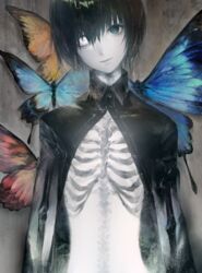  1boy aqua_butterfly bad_id bad_pixiv_id black_hair black_jacket blue_butterfly bone bug butterfly green_eyes hair_between_eyes hair_over_one_eye head_tilt heterochromia jacket kodama_(wa-ka-me) long_sleeves looking_at_viewer male_focus orange_butterfly original parted_lips red_butterfly ribs skeletal_body skeleton spine white_eyes 