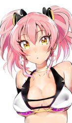  breasts cleavage coda_(simon1995) collarbone commentary_request crop_top female highres idolmaster idolmaster_cinderella_girls jougasaki_mika large_breasts pink_hair short_twintails simple_background solo twintails underboob upper_body white_background yellow_eyes 