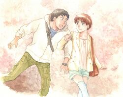  1boy black_hair brown_hair commentary_request female hood hoodie izumi_noa kidou_keisatsu_patlabor painting_(medium) shinohara_asuma short_hair shorts traditional_media ususionorisio watercolor_(medium) 