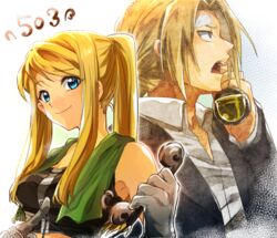  1boy bandage_on_face bandages blonde_hair commentary_request edward_elric female fullmetal_alchemist long_hair open_mouth phone ponytail profile riarashu smile towel towel_around_neck winry_rockbell 