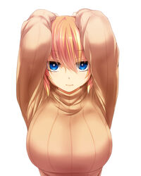  arms_up blonde_hair blue_eyes breasts commentary_request expressionless female hands_on_own_head large_breasts looking_at_viewer original photoshop_(medium) ribbed_sweater setana short_hair simple_background solo sweater watarui white_background 