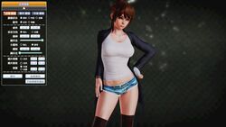  3d alternate_costume boots breakers breasts brown_eyes brown_hair female female gradient gradient_background hand_on_hip headband honey_select jacket kneehighs large_breasts lips looking_at_viewer loose_socks open_mouth ponytail pose shorts solo thick_thighs thighs tia_langray wrist_wraps 