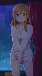  ayami_chiha breasts brown_eyes brown_hair cleavage closed_mouth commentary_request curtains female kunikida_hanamaru long_hair long_sleeves looking_at_viewer love_live! love_live!_sunshine!! medium_breasts naked_shirt rain shirt solo standing wet wet_clothes white_shirt wringing_clothes 