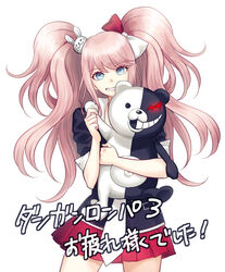  blue_eyes bow commentary_request danganronpa_(series) danganronpa_3_(anime) enoshima_junko female hair_ornament hairbow long_hair looking_at_viewer minamibe monokuma necktie parted_lips rabbit_hair_ornament red_skirt skirt smile spoilers standing translated twintails white_background white_necktie 