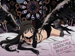  akemi_homura akuma_homura argyle_clothes argyle_legwear arm_support ass bare_back bare_shoulders black_dress black_gloves black_hair black_wings bow breasts dark_persona dress elbow_gloves english_text eyelashes feathers female gloves hair_ribbon hairband hairbow hand_on_own_face highres kikuta_kouichi lips lipstick long_hair lying mahou_shoujo_madoka_magica mahou_shoujo_madoka_magica:_hangyaku_no_monogatari makeup official_art on_stomach purple_eyes purple_lips red_bow ribbon small_breasts smile solo spoilers stained_glass thighhighs window wings 