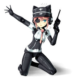  animal_ears blue_eyes busou_shinki commentary_request doll_joints ear_protection eyepatch fake_animal_ears female gun hat joints km_yama kneeling murmeltier necktie pink_hair short_hair solo sweatdrop weapon 