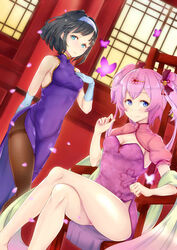  2girls aqua_eyes bare_legs bare_shoulders bell black_hair blue_eyes bug butterfly china_dress chinese_clothes commentary_request crossed_legs dress dutch_angle gabrielle_wellensteyn gloves hair_bell hair_ornament hairband hairpin hand_on_own_chest highres legs looking_at_viewer multiple_girls no_panties pantyhose petals pink_dress pink_hair purple_dress short_hair sitting smile souzando thighband_pantyhose tomaru_kaguya toys_drive 