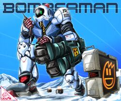  bomb bomberman commentary_request explosive hachisuke hudson humanoid_robot logo nike_(company) no_humans product_placement radiation_symbol robot shoes sneakers solo uc-lab white_bomberman 