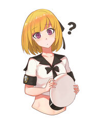  ? blonde_hair blush bow collarbone commentary english_commentary enterprise_(pacific) female freckles hairbow hat holding holding_clothes holding_hat looking_at_viewer midriff original pacific_(kancolle) personification photoshop_(medium) purple_eyes sailor_collar short_hair sima_naoteng simple_background solo united_states_navy unworn_hat unworn_headwear white_background 