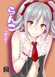  3: bow breasts content_rating drill_hair female grey_hair hair_ribbon hairbow idolmaster idolmaster_cinderella_girls kanzaki_ranko medium_breasts napata necktie open_clothes open_shirt red_eyes ribbon shirt sleeveless solo sweat tears twin_drills twintails underboob 