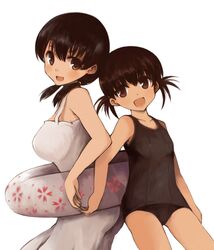  2girls back-to-back bad_id bad_pixiv_id bare_arms bare_shoulders breasts brown_eyes brown_hair collarbone cowboy_shot dress flat_chest hairband innertube jindai_komaki large_breasts looking_at_viewer multiple_girls oimu_(ununsan) open_mouth saki_(manga) school_swimsuit simple_background smile sundress swim_ring swimsuit twintails usuzumi_hatsumi white_background white_dress 