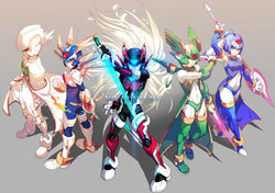  4boys alternate_costume android blue_eyes blue_hair cape commentary copy_x_(mega_man) ein_lee energy_sword fairy_leviathan_(mega_man) female glowing glowing_eyes hellbat_schilt_(mega_man) helmet long_hair mega_man_(series) mega_man_zero_(series) multiple_boys polearm red_eyes sage_harpuia_(mega_man) short_twintails spear sword thighhighs twintails watermark weapon web_address white_hair zero(z)_(mega_man) zero_(mega_man) 