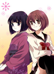  2girls back-to-back bia black_hair bob_cut brown_eyes brown_hair commentary_request ghost_hunt hara_masako japanese_clothes kimono multiple_girls school_uniform short_hair taniyama_mai thighhighs 