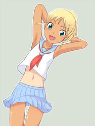  armpits arms_up blonde_hair blush commentary_request female green_eyes navel open_mouth original painttool_sai_(medium) school_uniform serafuku short_hair simple_background skirt smile solo tan tomboo 