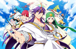  2girls 5boys bad_id bad_pixiv_id bird blue_hair cloud dalc_rose day drakon earrings freckles hat highres hinahoho ja&#039;far_(magi) jewelry keffiyeh long_hair magi_the_labyrinth_of_magic masrur multiple_boys multiple_girls pisti purple_hair red_hair ring sharrkan short_hair sinbad_(magi) sky spartos staff sword turban weapon white_hair witch_hat yamuraiha yellow_eyes 