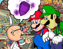  9-volt age_difference aura black_hair black_jewel blue_eyes brothers brown_hair cap dribble finger_on_chin gem glasses gloves hat jimmy_t kat kat_(warioware) labcoat lowres luigi male male_focus mario multiple_boys nintendo noki_(mario) old pianta professor_elvin_gadd siblings sparkle super_mario_bros. super_mario_sunshine suspenders talking thought_bubble warioware young_cricket 