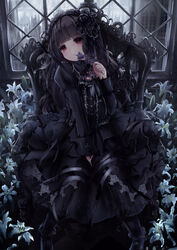  :o armchair between_legs black_dress black_flower black_footwear black_hair black_rose blunt_bangs chair clip_studio_paint_(medium) commentary_request dark detached_collar dress female flower goth_fashion gothic_lolita hair_flower hair_ornament hairband hand_between_legs head_tilt highres holding holding_flower indoors kamchatka_lily lily_(flower) lolita_fashion lolita_hairband long_hair long_sleeves looking_at_viewer making-of_available missile228 original red_eyes rose shoes sitting smelling_flower solo very_long_hair white_flower window 