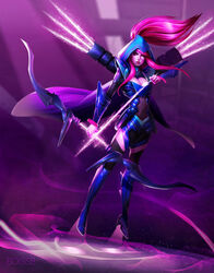  alternate_costume armor arrow_(projectile) artstation_sample ashe_(league_of_legends) boissb bow_(weapon) breasts cape cleavage cleavage_cutout clothing_cutout commentary energy_arrow faulds female full_body high_ponytail hood image_sample large_breasts league_of_legends photoshop_(medium) pink_eyes pink_hair quiver sidelocks solo thighhighs weapon zettai_ryouiki 