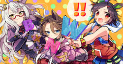  ! !! 3girls ahoge animal_ears artist_name bandaid bandaid_on_face bandana bare_shoulders biwa_hayahide_(umamusume) black_hair blue_bandana blue_eyes blush bnw_(umamusume) breasts commentary_request ear_ornament ear_piercing fur-trimmed_jacket fur_trim hair_ornament hairclip highres hood hoodie horse_ears horse_girl horse_tail jacket juliet_sleeves large_breasts long_hair long_sleeves looking_at_viewer multiple_girls narita_taishin_(umamusume) open_clothes open_jacket partially_unzipped piercing pink_jacket polka_dot polka_dot_background puffy_sleeves purple_jacket red-framed_eyewear red_eyes red_hoodie semi-rimless_eyewear short_hair small_breasts speech_bubble spoken_exclamation_mark tail umamusume very_long_hair winning_ticket_(umamusume) wristband yellow_eyes zest_(lossol) 