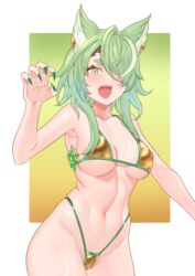  ami_(granblue_fantasy) animal_ears armpits bikini breasts claw_pose claws covered_nipples fangs female gold_bikini granblue_fantasy grey_hair hair_over_one_eye highleg highleg_swimsuit highres large_breasts long_hair meshiya navel simple_background solo swimsuit thick_eyebrows underboob yellow_eyes 