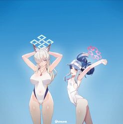  2girls animal_ear_fluff animal_ears arms_behind_head arms_up bare_arms blonde_hair blue_archive blue_background blue_eyes blue_hair blue_halo breasts covered_navel fubuki_(blue_archive) fubuki_(swimsuit)_(blue_archive) hair_over_one_eye halo highres kanna_(blue_archive) kanna_(swimsuit)_(blue_archive) large_breasts long_hair looking_at_viewer multiple_girls one-piece_swimsuit one_eye_closed one_eye_covered red_eyes red_halo swimsuit tilt-shift_(azalanz) visor_cap whistle whistle_around_neck white_one-piece_swimsuit 